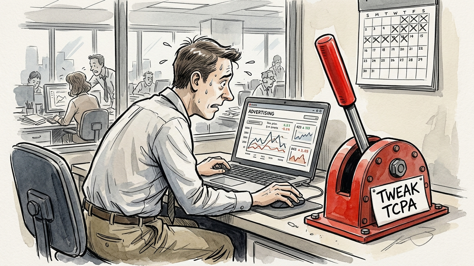 A stressed office worker faces an ad dashboard beside an oversized red reset lever.