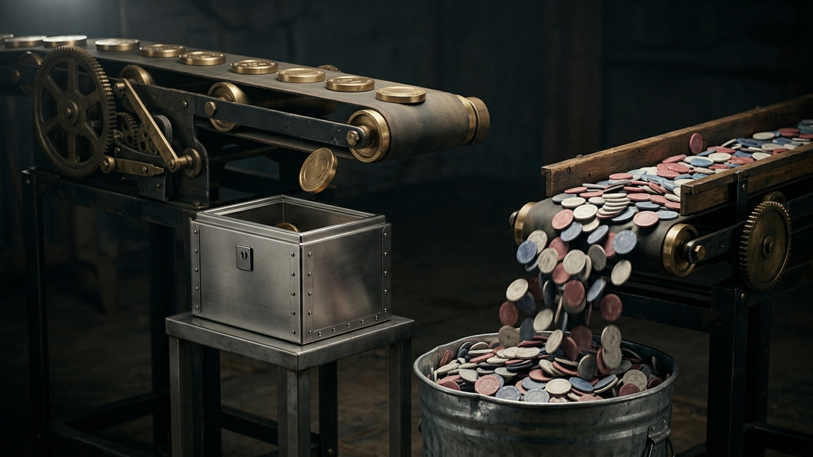 Industrial sorting mechanism separating brass tokens from plastic chips